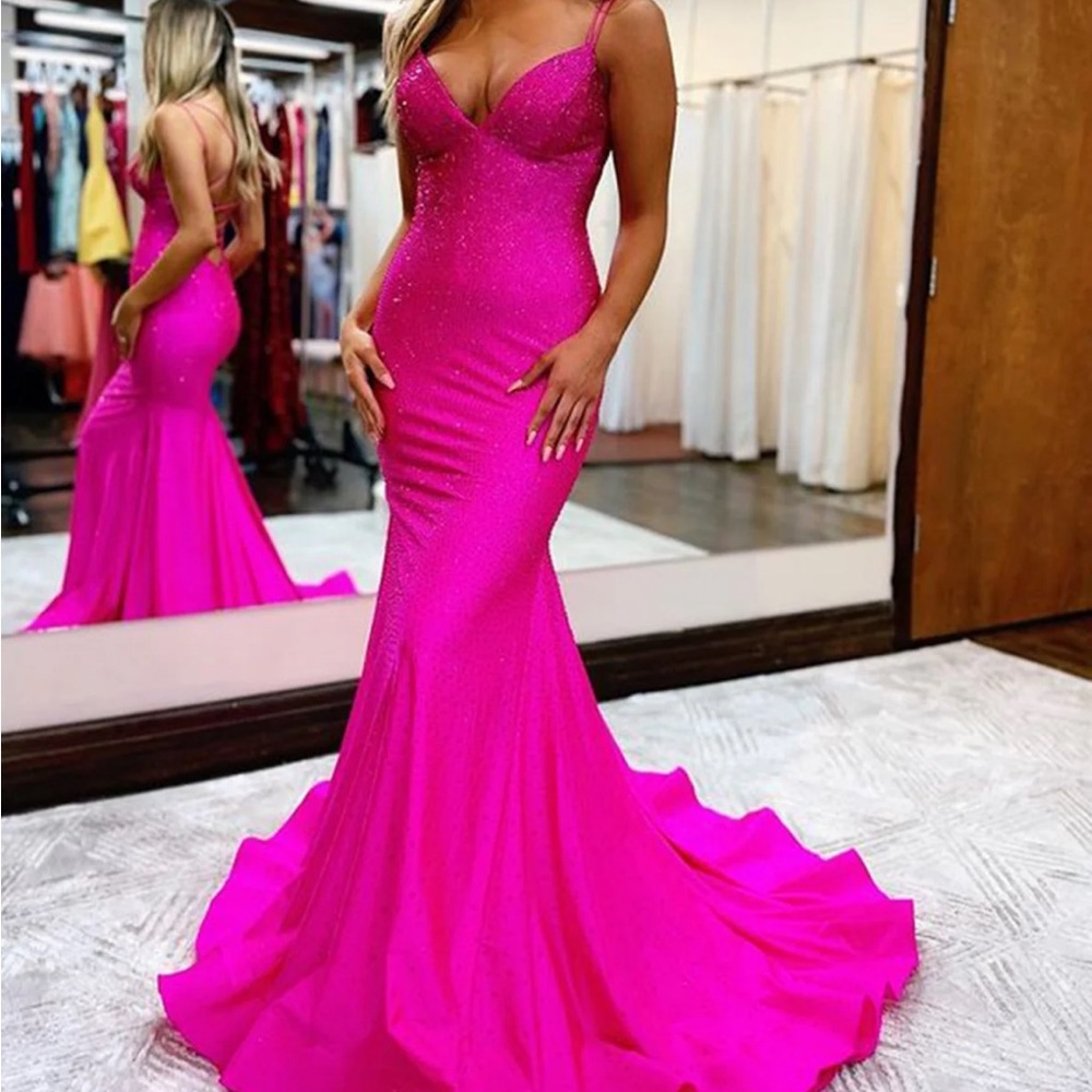 Sparkly Mermaid V Neck Beaded Satin Long Prom Dress